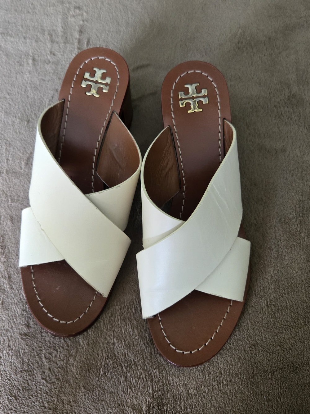 Tory Burch White Leather Crisscross Slide Sandals